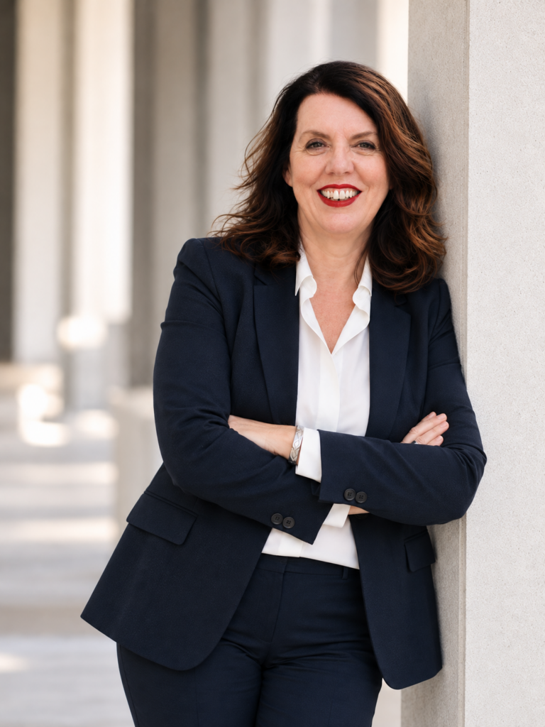 Marion Ketteler an Wand gelehnt